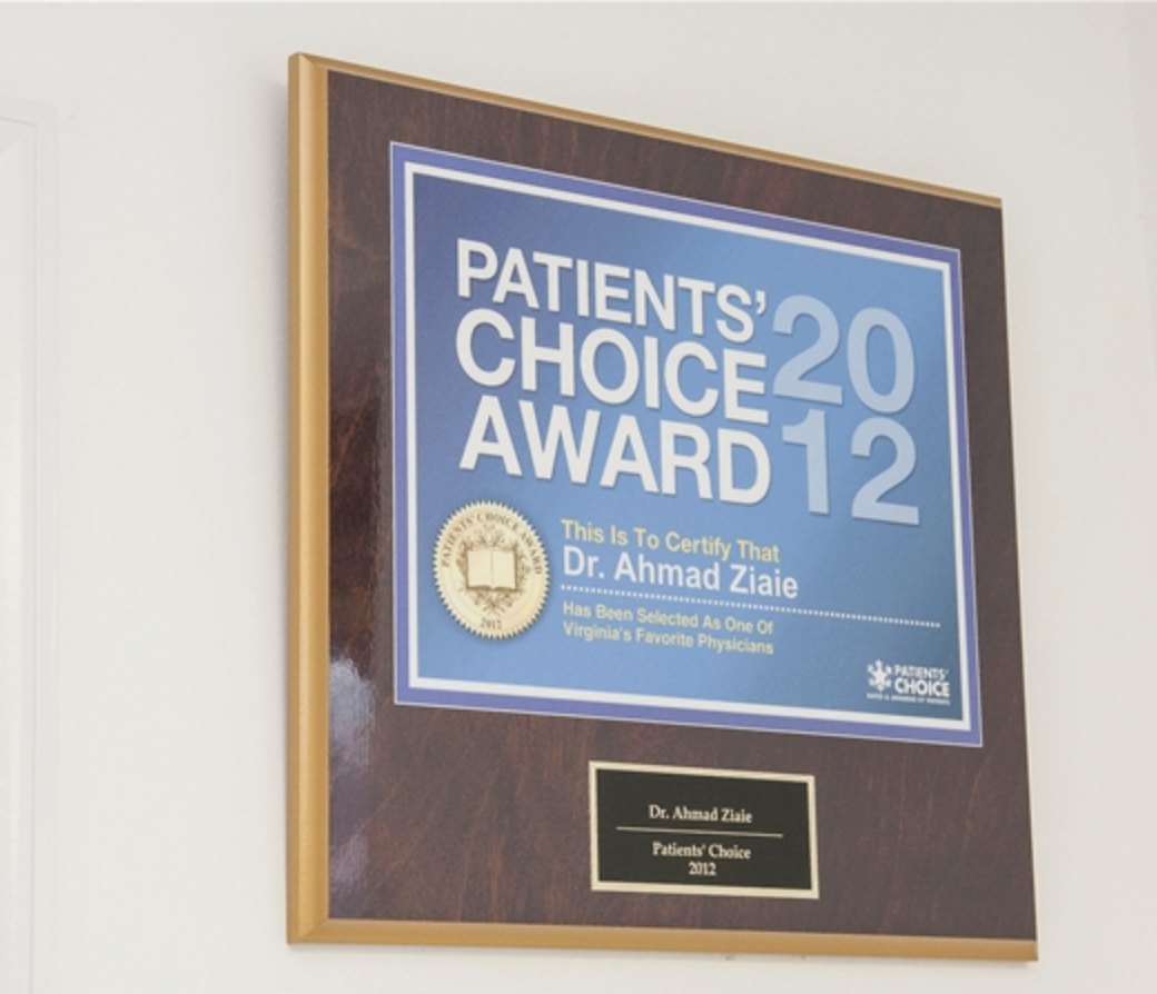 Patients' Choice Award 2012 plaque certifying Dr. Ahmad Ziaie as one of Virginia's favorite physicians